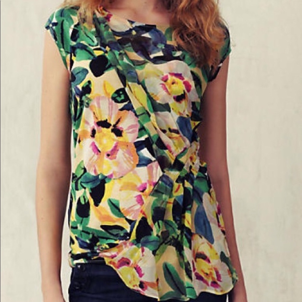 ANTHROPOLOGIE DELETTA sz Small Top Alstroemeria Cap Sleeves Flowy Green Yellow